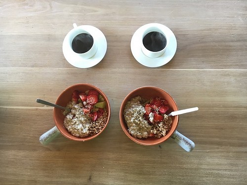 Granola with porridge and strawberries